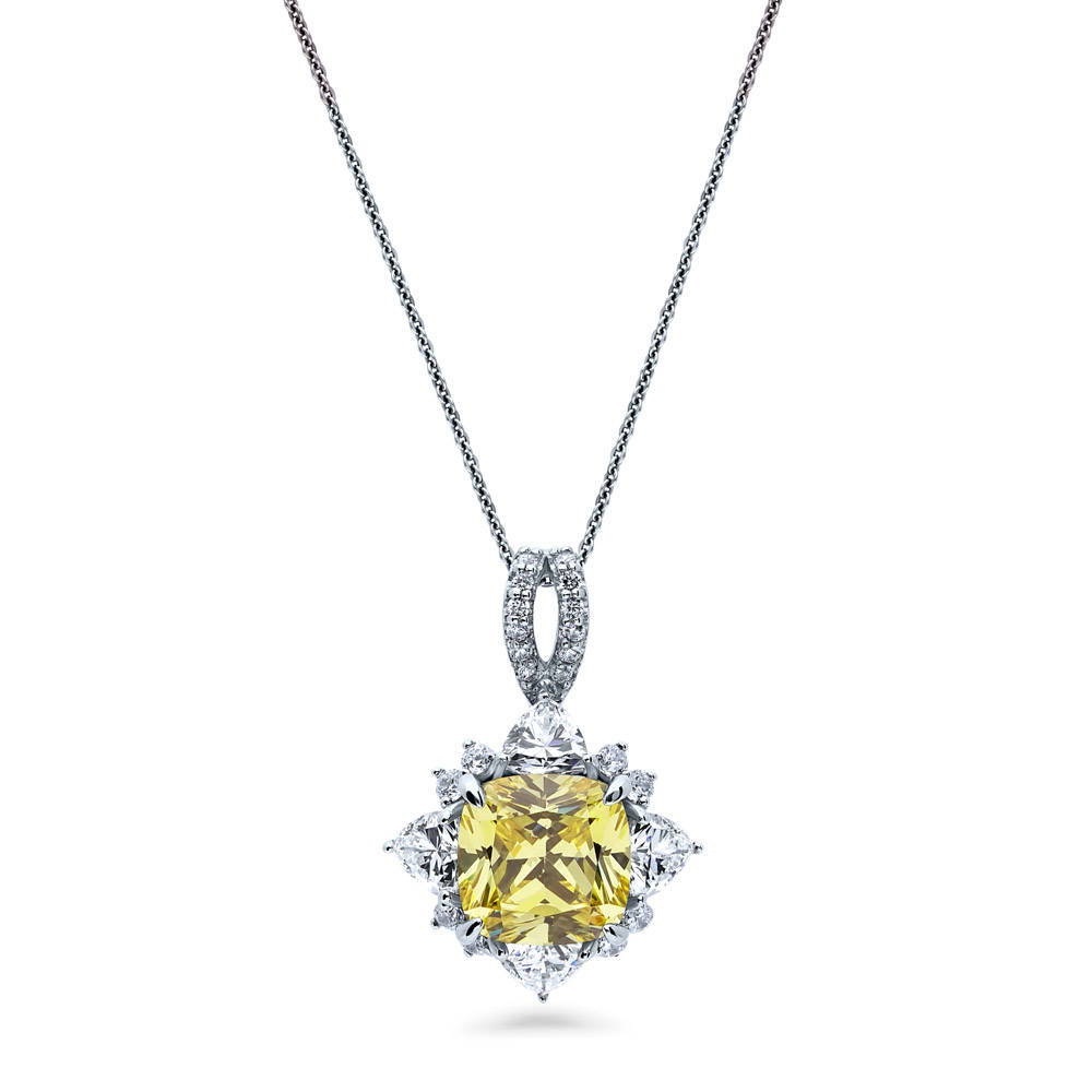 Halo Flower Canary Yellow Cushion CZ Necklace in 925 Sterling Silver